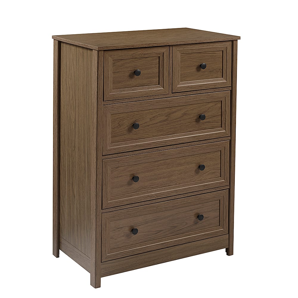 Left View: Walker Edison - 5 Drawer Groove Dresser Chest - Dark Walnut