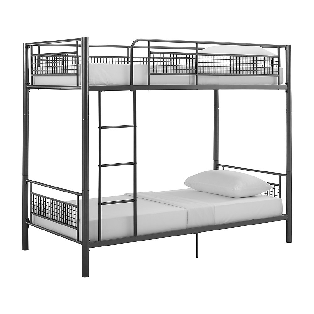 Left View: Walker Edison - Mesh Back Twin Over Twin Metal Bunk Bed - Silver