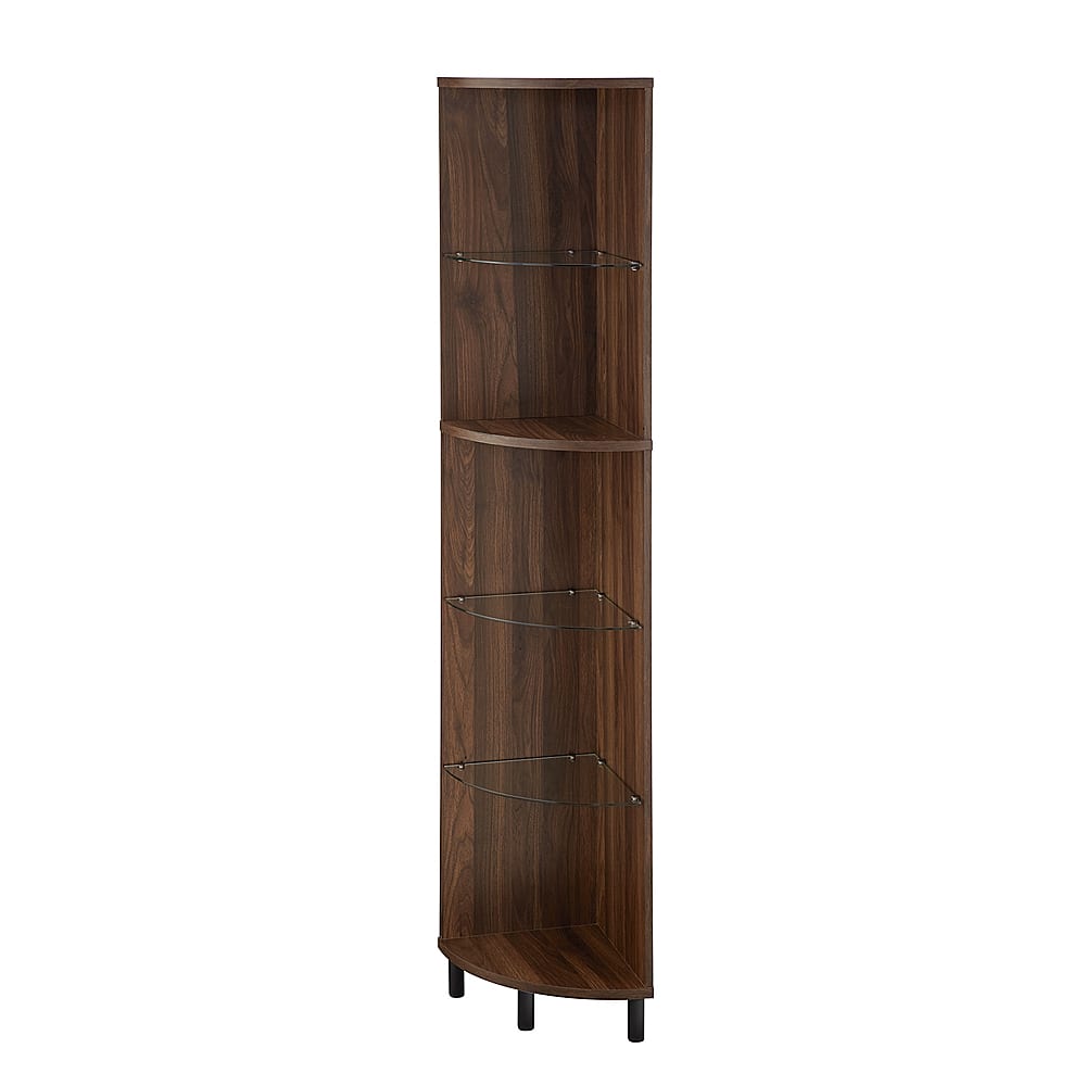 Angle View: Walker Edison - Nora 68" Wood and Glass Corner Bookshelf - Dark Walnut