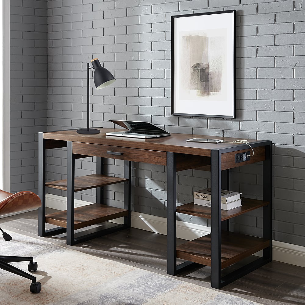 Alt View 11. Walker Edison - 60" Modern Industrial USB Power Computer Desk - Dark Walnut.