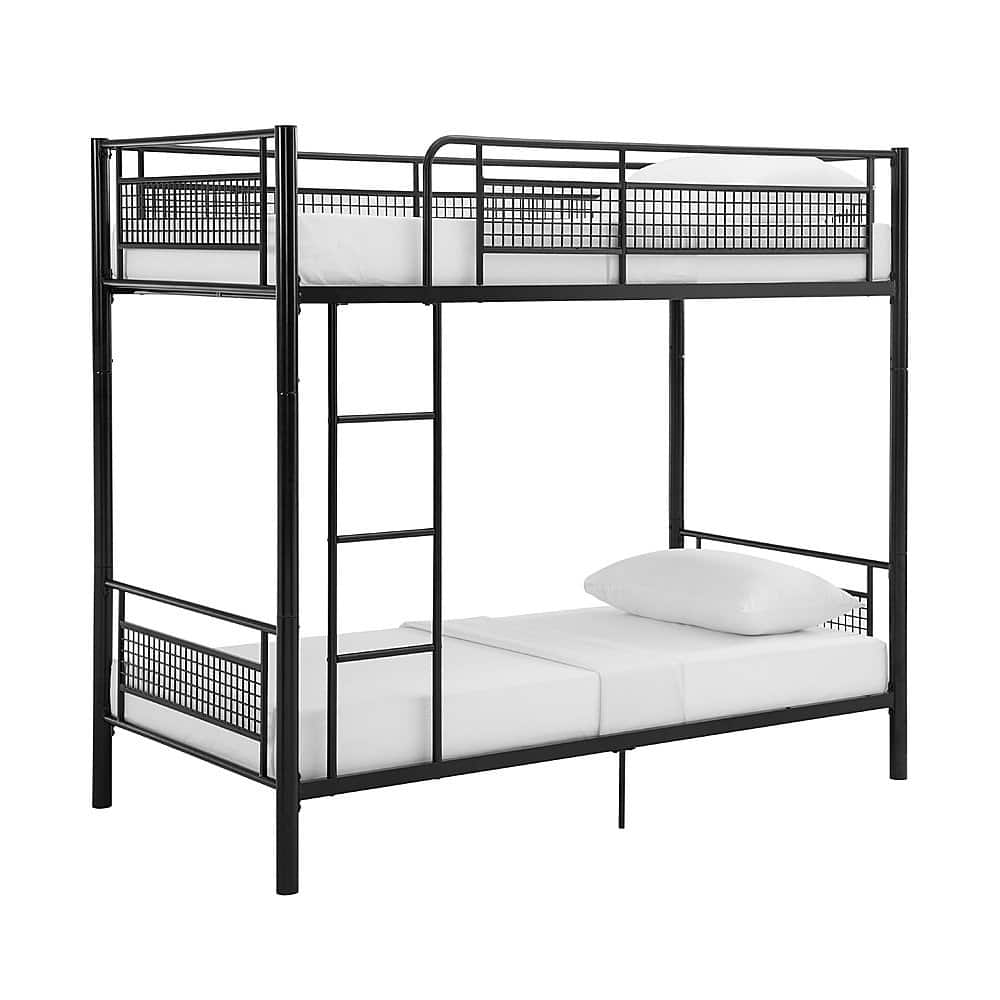 Left View: Walker Edison - Mesh Back Twin Over Twin Metal Bunk Bed - Black