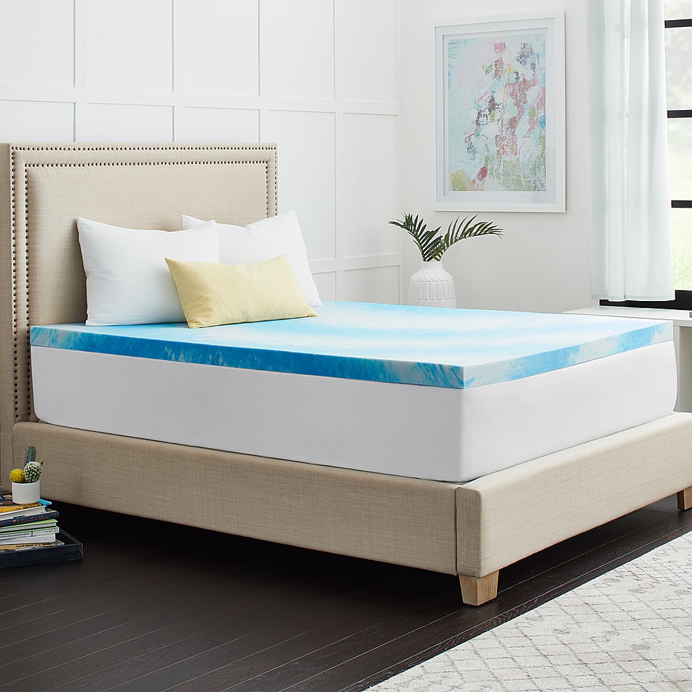 Left View: Sealy - 2” Gel Memory Foam Mattress Topper with Cover - Blue