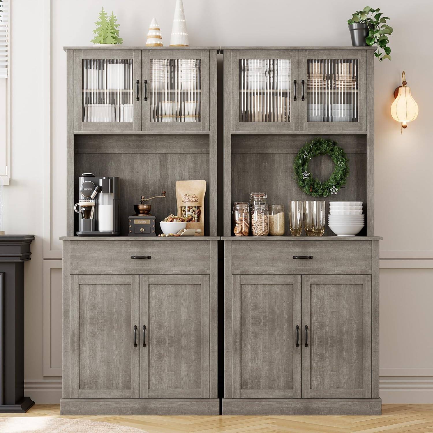 Alt View 2. Homhougo - Kitchen Pantry Cabinet with Microwave Stand, 71”Freestanding Tall Kitchen Cabinet with Doors and Shelves for Dining - Rustic Gray.