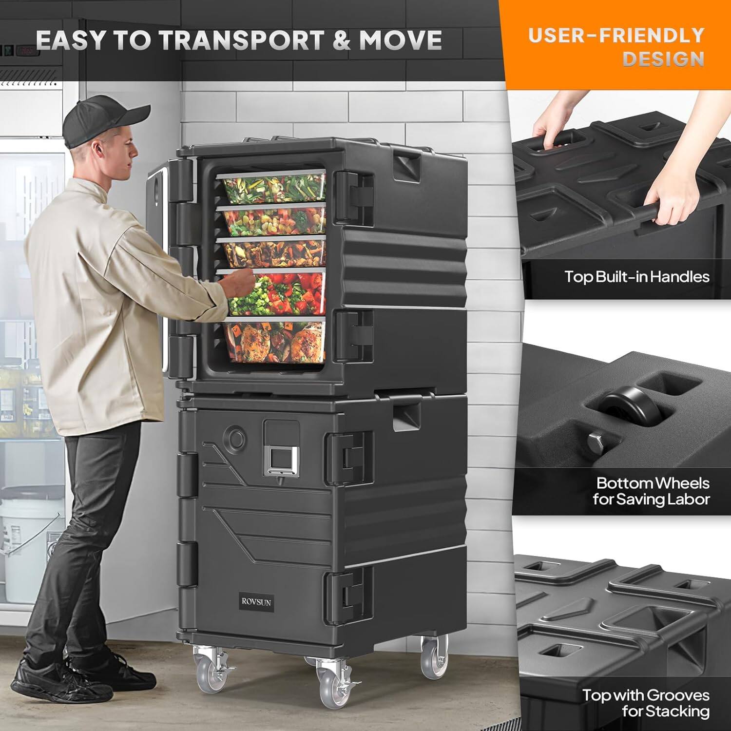 EASY TO TRANSPORT & MOVE

USER-FRIENDLY DESIGN

Top Built-in Handles

Bottom Wheels for Saving Labor

Top with Grooves for Stacking