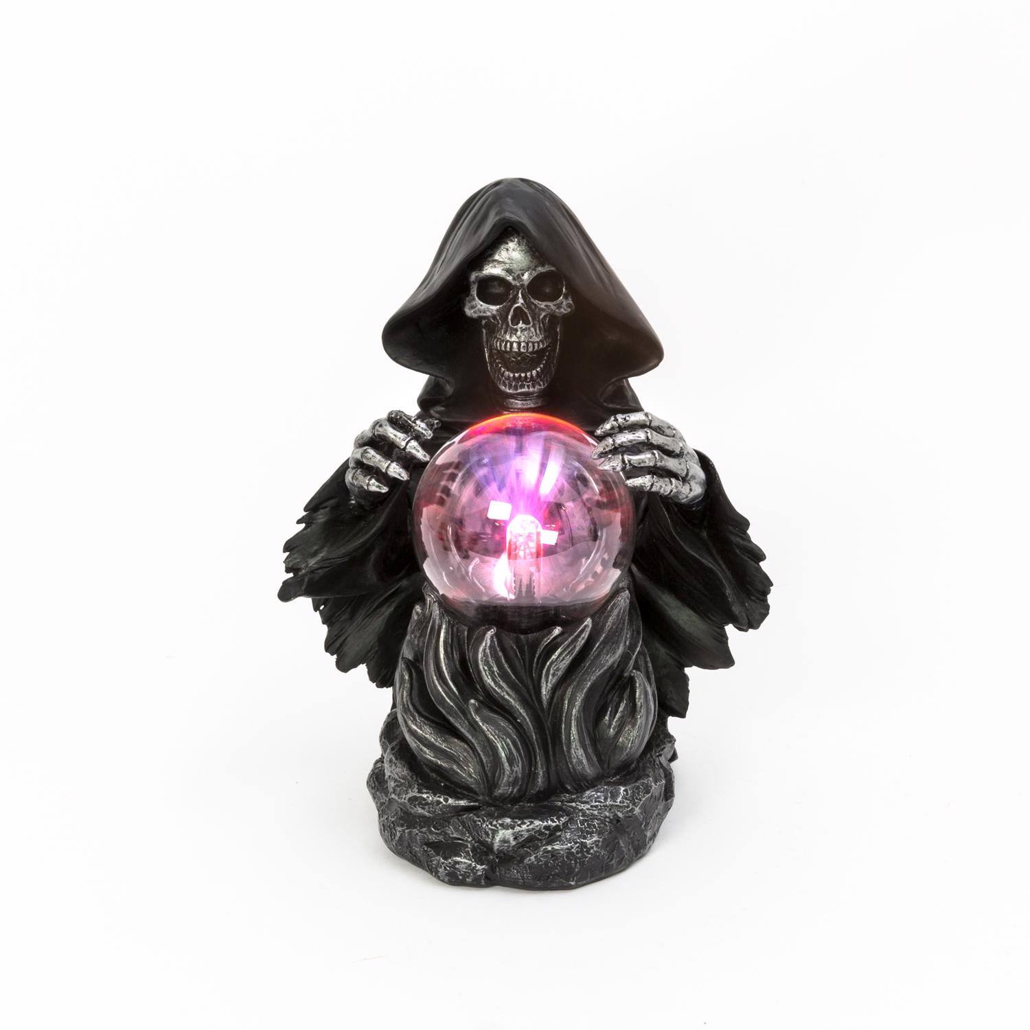 Angle. The Gerson Companies - Gerson 10.75 in. Grim Reaper With Magic Ball Halloween Decor - Black | Purple.