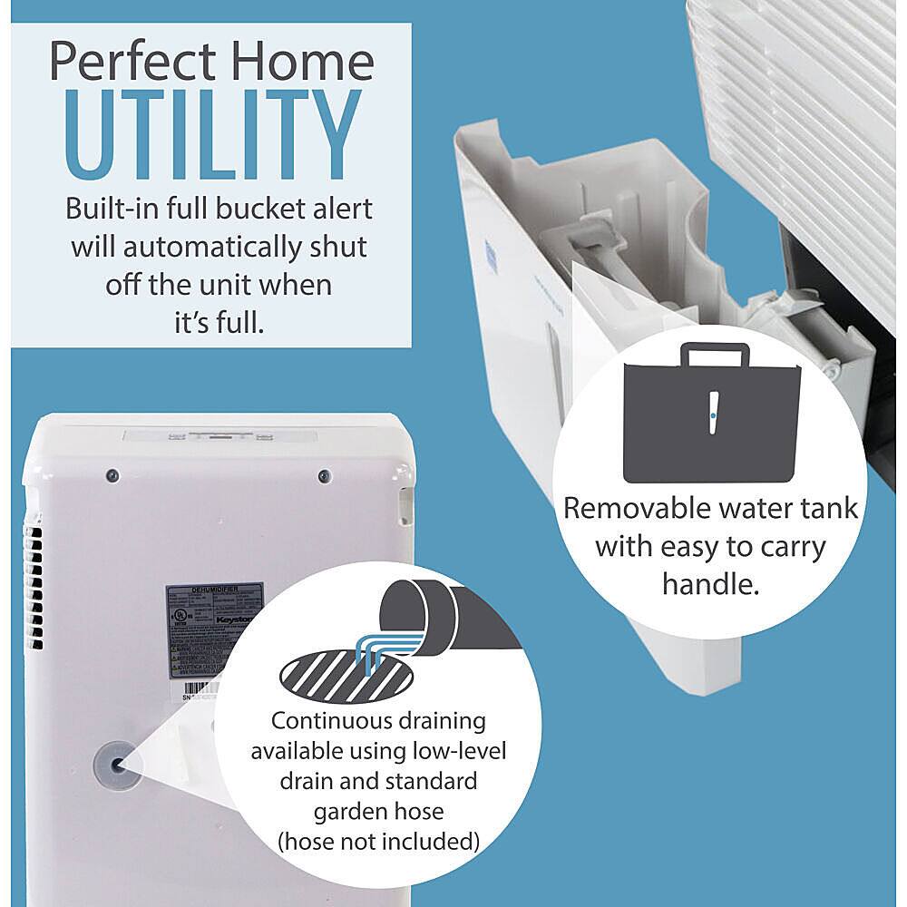 The image features a white water tank with a handle, which is part of a home utility system. The tank is designed to automatically shut off when it is full, thanks to the built-in full bucket alert. Additionally, the tank is removable, making it easy to carry with the handle provided. The system also offers continuous draining capabilities, which can be achieved using a low-level drain and a standard garden hose (not included).