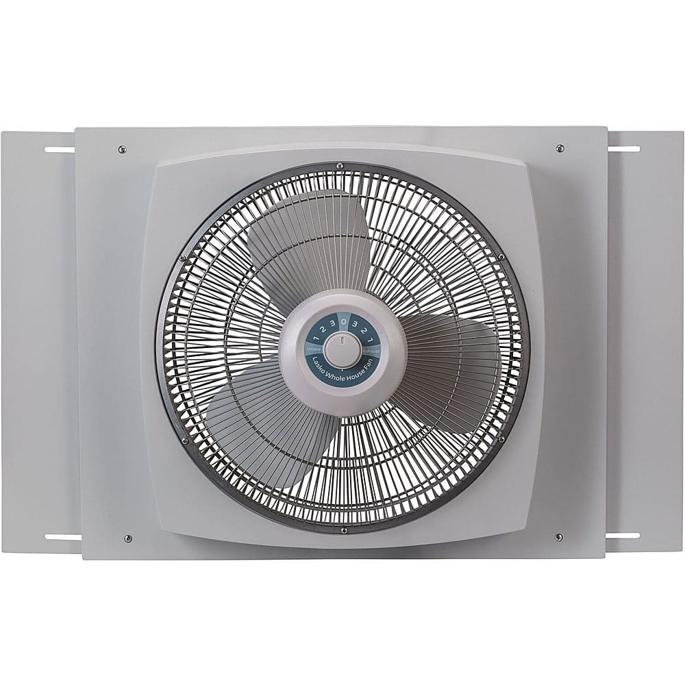Angle. Lasko - 16" Electrically Reversible Window Fan with Storm Guard - White.