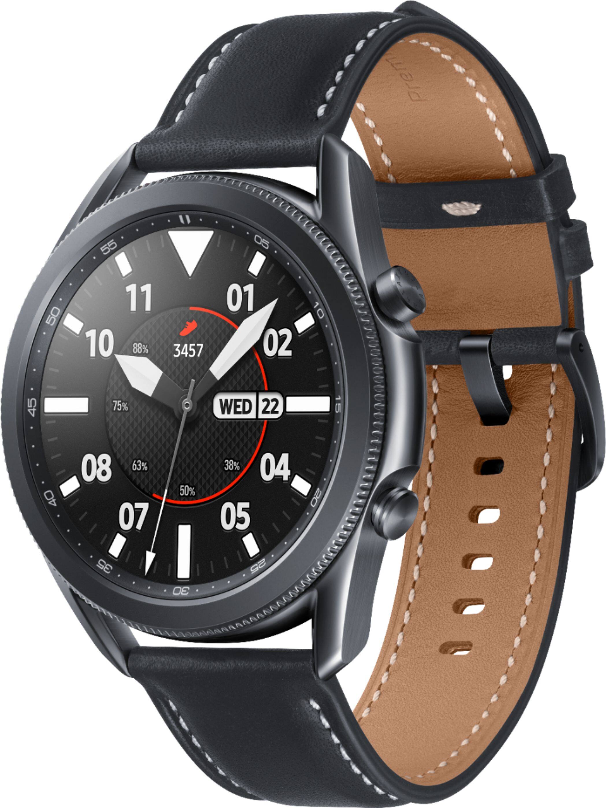 Left. Samsung - Galaxy Watch3 Smartwatch 45mm Stainless BT - Mystic Black.
