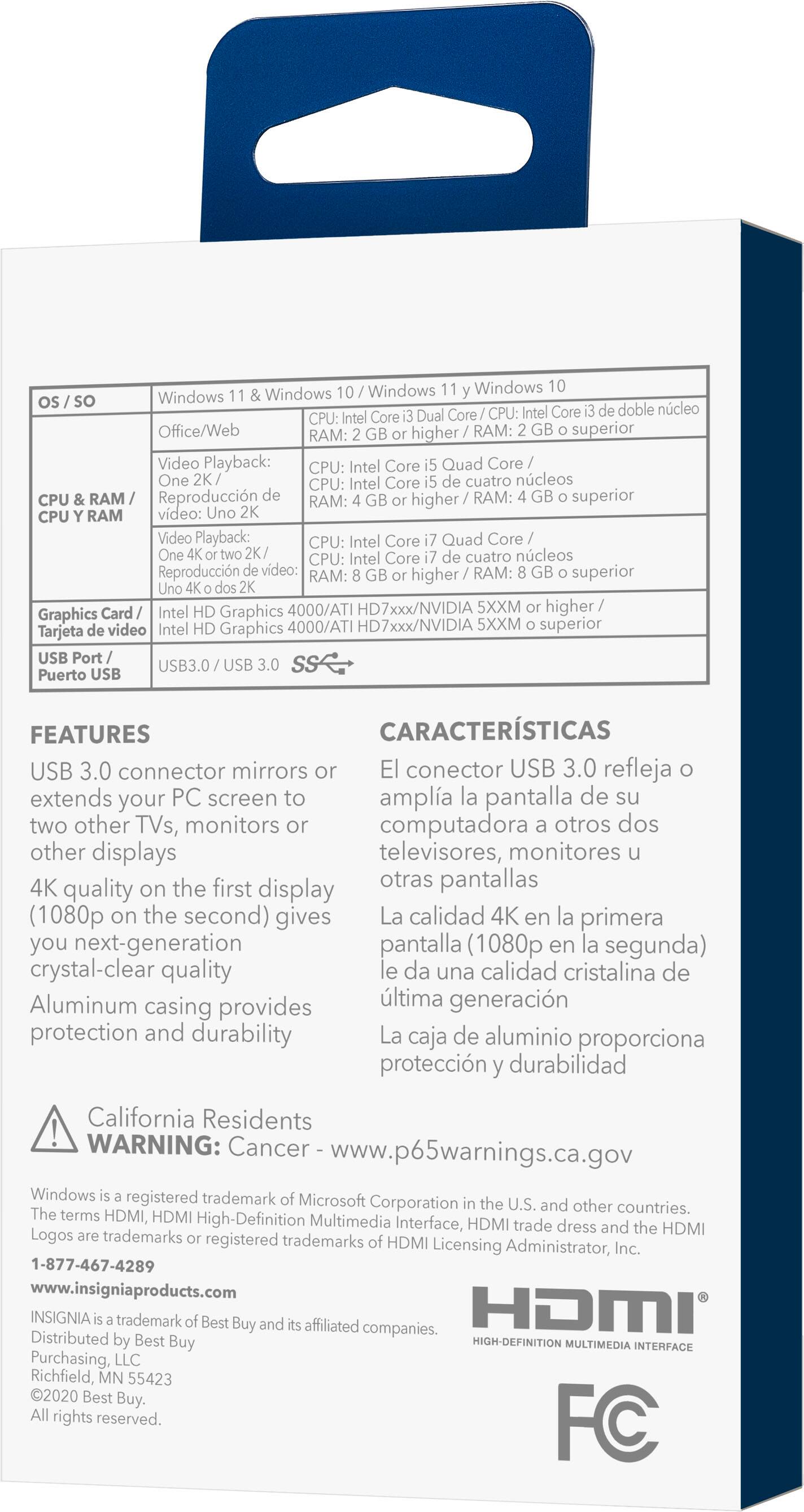 The text on the image is in Spanish, so I will provide a translation:

Windows Windows Windows Windows Core CR Core de-doble mucleo Office/Web RAM: higher RAM:2 superior Video Playback: CPU: Entel Core Quad Core One CPL Core cuatro nicleos CPU RAM Reproduccin RAM higher RAM: superior RAM video: Video Playback Intel Core Quad Core CPU: Core cuatro ncleos Reproduccidn video M higher RAM superior Card intel Graphics 4000/AT1 HD7www/NVIDIA SICM higher/ Graphies video Graphics 4000/A11 To/NVIDIA SXXM superior Tarjeta Pert Puerto USB US83.0/ US SS FEATURES CARACTERSTICAS USB 3.0 connector mirrors conector USB 3.0 refleja extends your PC screen amplia pantalla de two other TVs, monitors computadora otros dos other displays televisores, monitores 4K the first otras pantallas quality on display (1080p the second) gives La calidad 4K en primera you next-generation pantalla (1080p en la segunda) crystal-clear quality da una calidad cristalina de Aluminum provides ltima generacin casing protection and durability La caja de a.