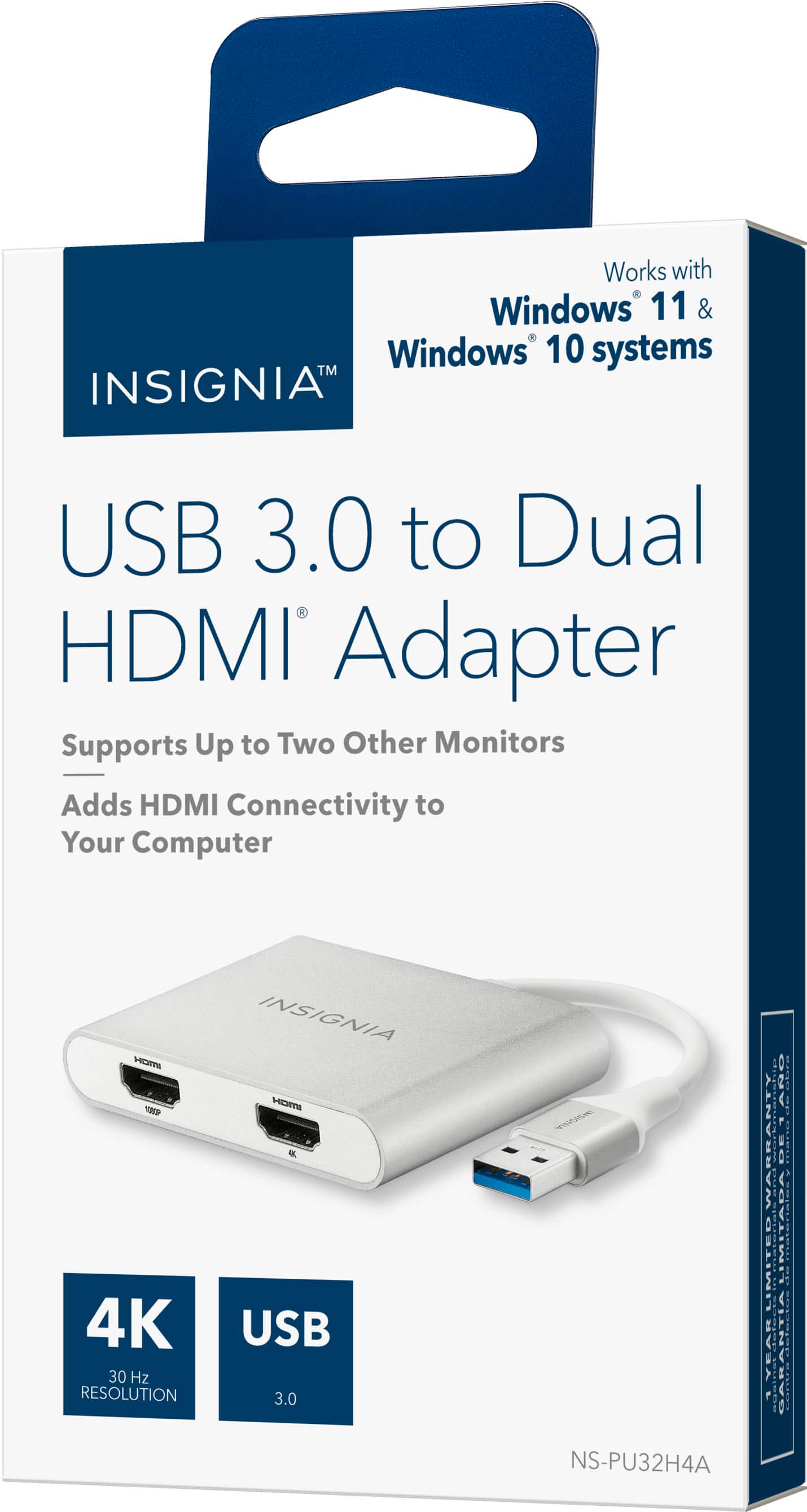 The text on the image reads: "Insignia USB 3.0 to Dual HDMI Adapter. Supports up to two other monitors. Adds HDMI connectivity to your computer. 4K resolution. Insignia USB 3.0 NS-PU32H4A."