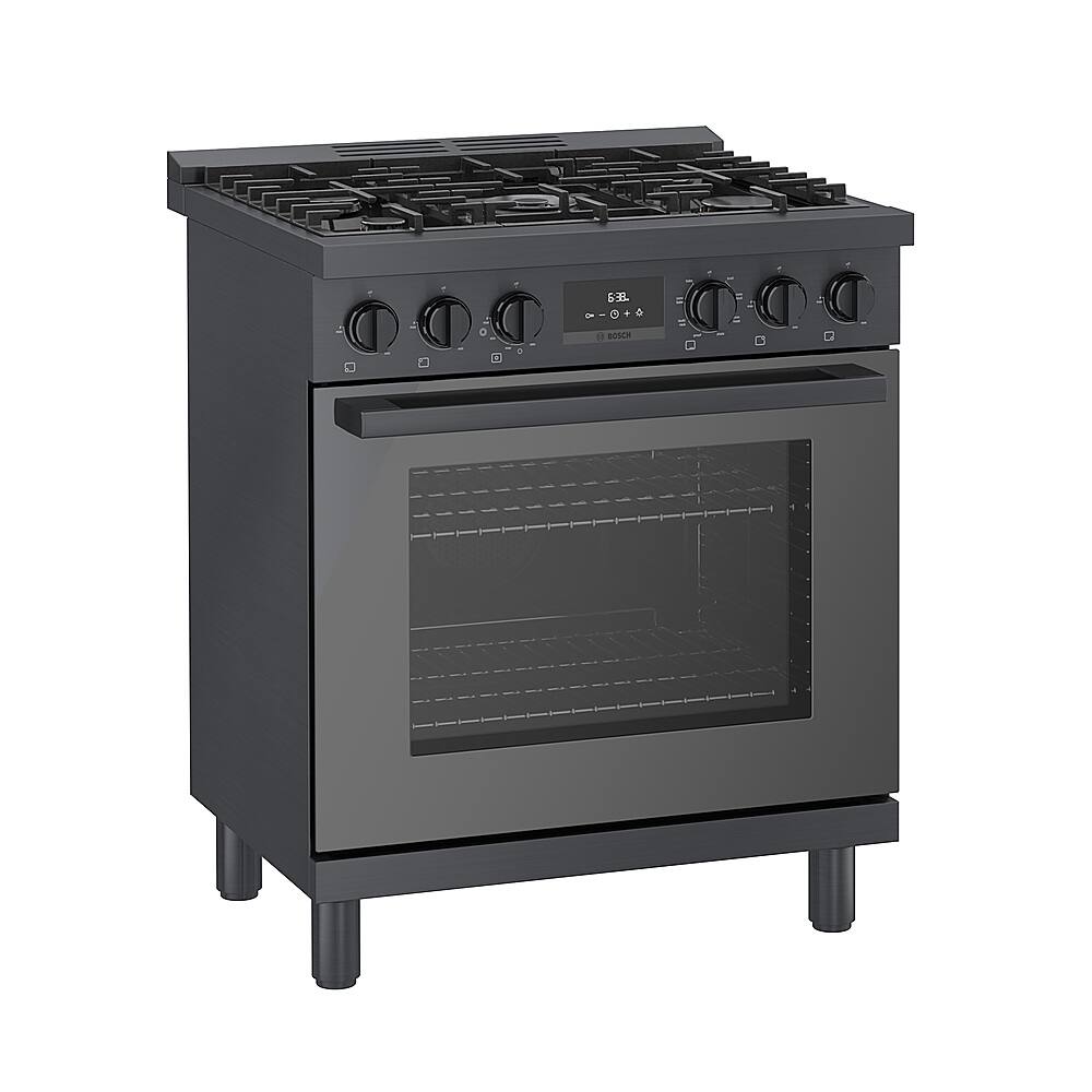 Angle. Bosch - 800 Series 3.9 cu. ft. Freestanding Dual Fuel Convection Range with 5 Dual Flame Ring Burners - Black stainless steel.