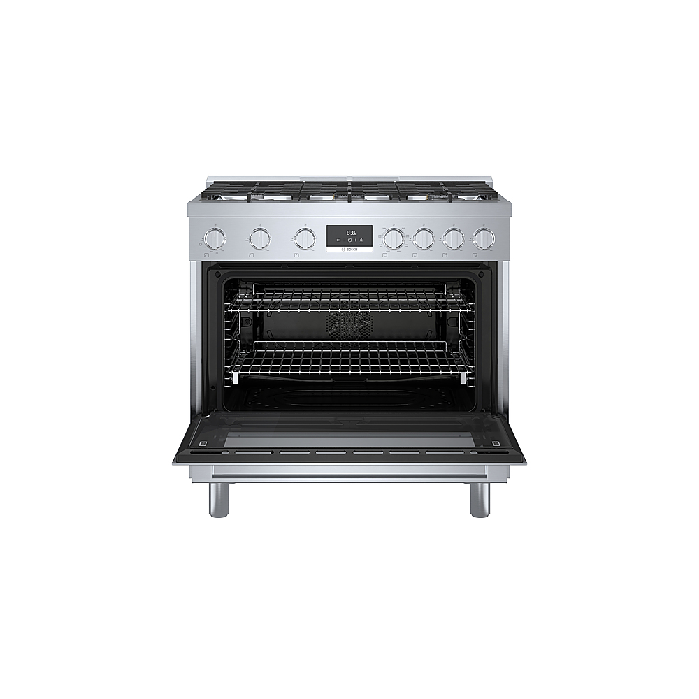 Angle View: Bosch - 800 Series 3.7 cu. ft. Freestanding Dual Fuel Convection Range with 6 Dual Flame Ring Burners - Stainless Steel