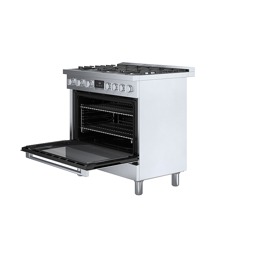 Left View: Bosch - 800 Series 3.7 cu. ft. Freestanding Dual Fuel Convection Range with 6 Dual Flame Ring Burners - Stainless Steel
