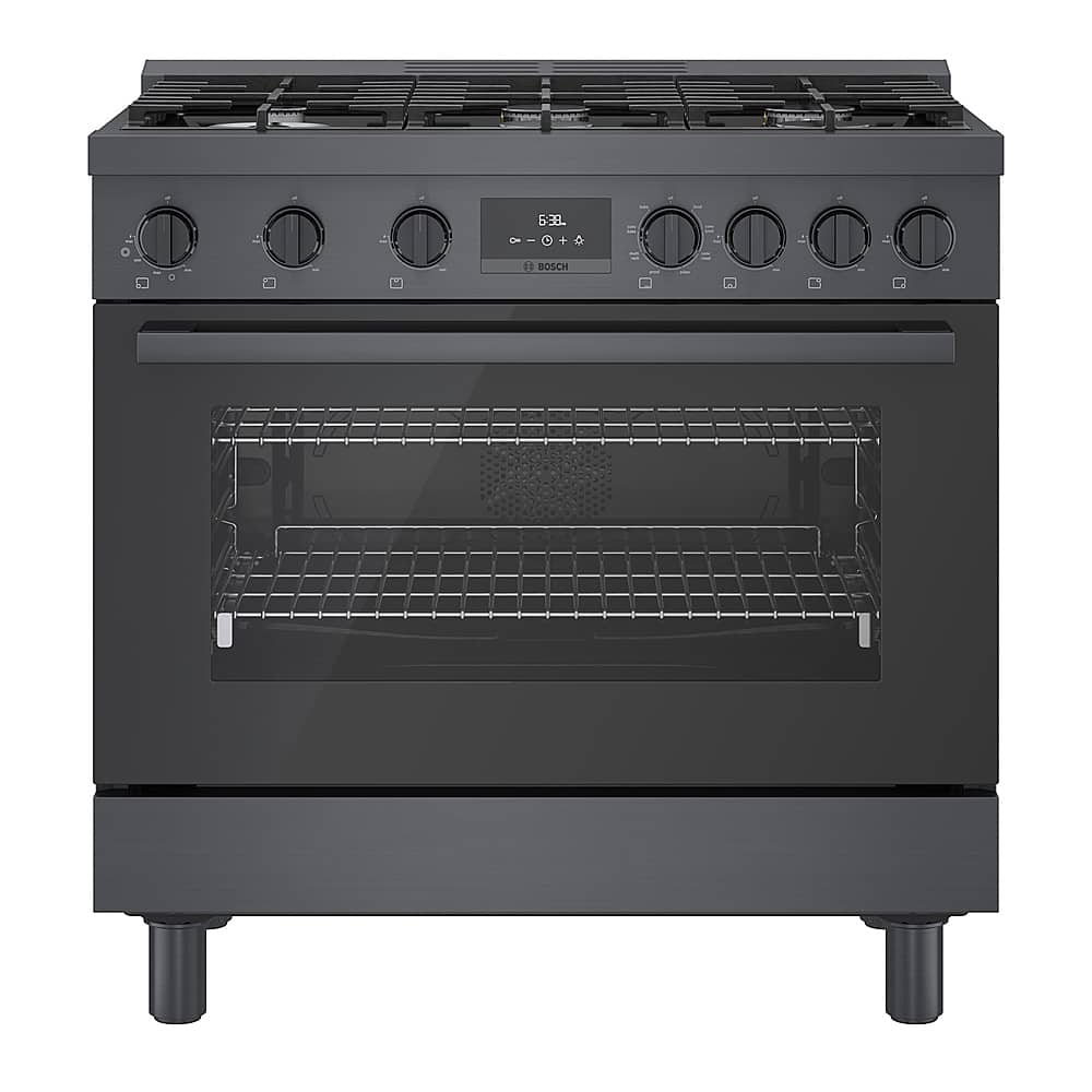 Front. Bosch - 800 Series 3.7 cu. ft. Freestanding Dual Fuel Convection Range with 6 Dual Flame Ring Burners - Black stainless steel.