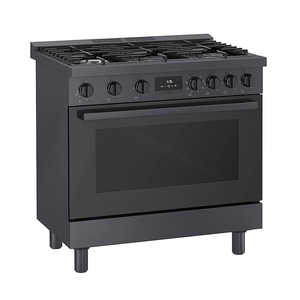 Angle. Bosch - 800 Series 3.7 cu. ft. Freestanding Dual Fuel Convection Range with 6 Dual Flame Ring Burners - Black stainless steel.