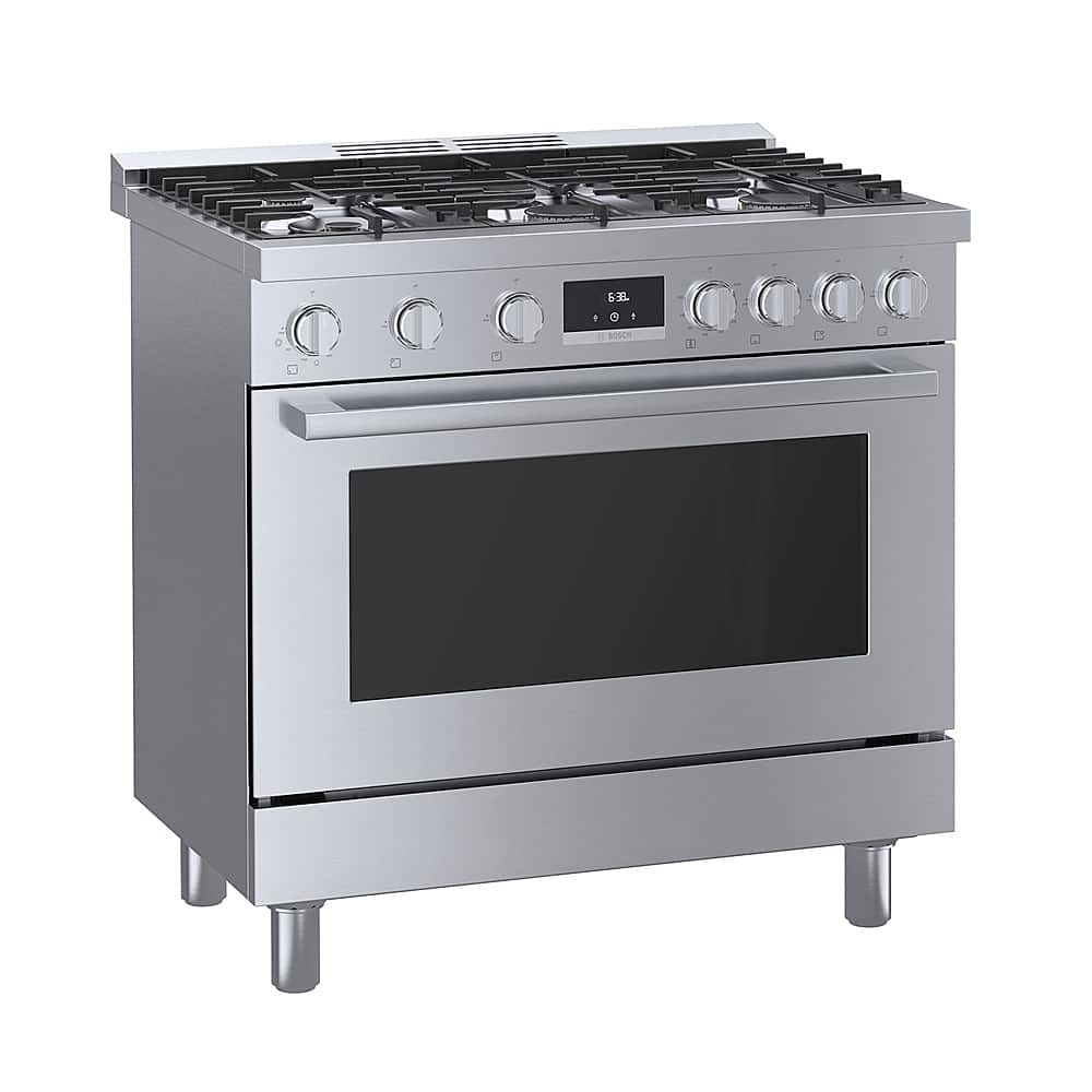 Angle. Bosch - 800 Series 3.5 Cu. Ft. Freestanding Gas Convection Range with 6 Dual Flame Ring Burners - Stainless steel.