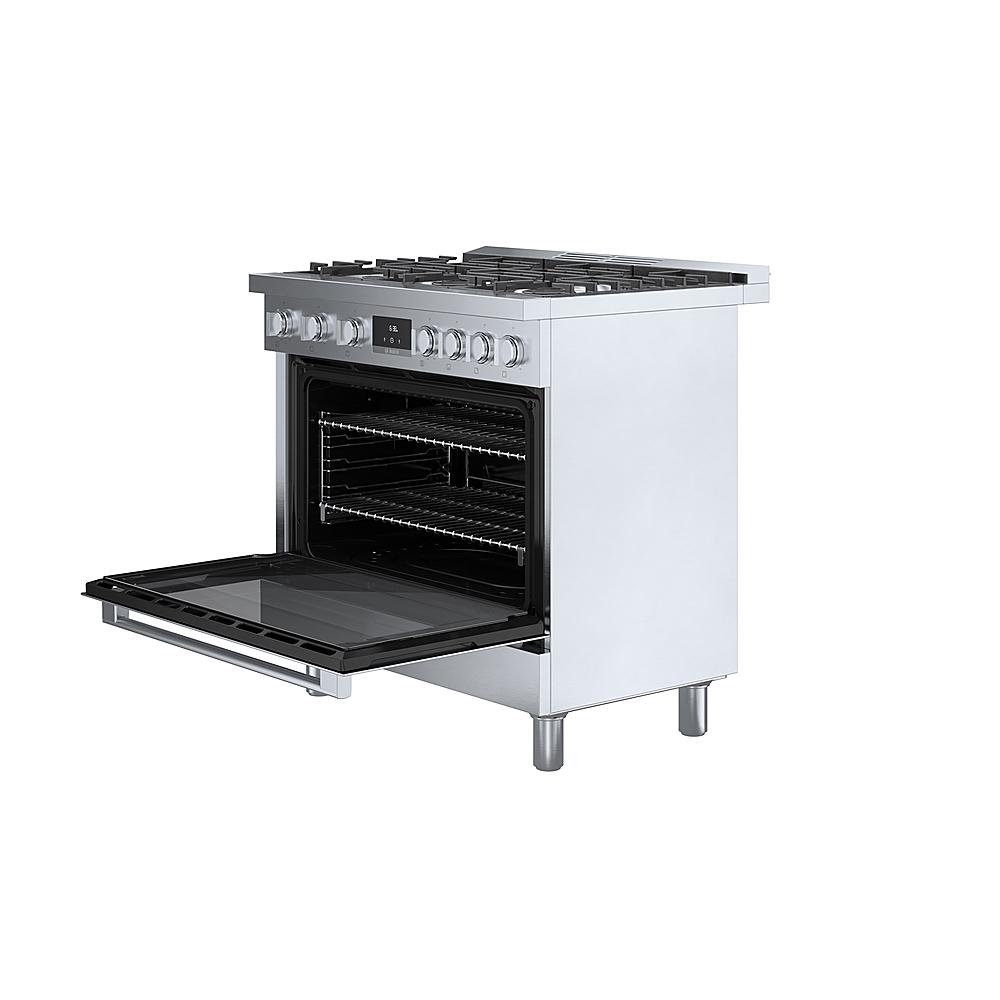 Left View: Bosch - 800 Series 3.5 cu. ft. Freestanding Gas Convection Range with 6 Dual Flame Ring Burners - Stainless steel