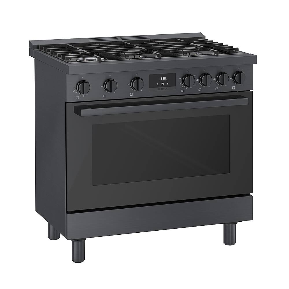 Angle. Bosch - 800 Series 3.5 Cu. Ft. Freestanding Gas Convection Range with 6 Dual Flame Ring Burners - Black stainless steel.