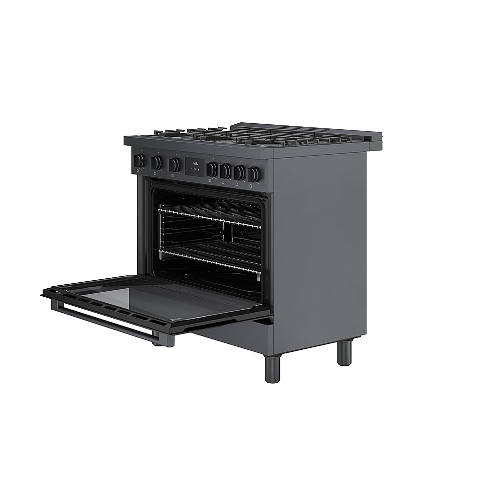 Left View: Bosch - 800 Series 3.5 cu. ft. Freestanding Gas Convection Range with 6 Dual Flame Ring Burners - Black stainless steel