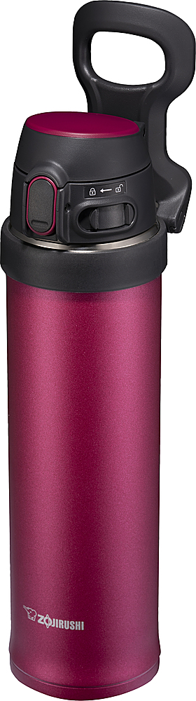 Left View: Zojirushi - 20 oz Flip-and-Go Stainless Steel Travel Mug - Hibiscus Red