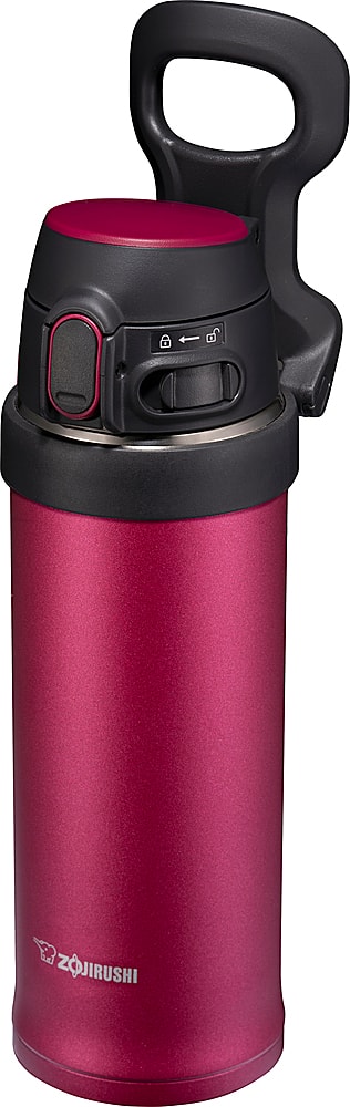 Left View: Zojirushi - 16 oz Flip-and-Go Stainless Steel Travel Mug - Hibiscus Red