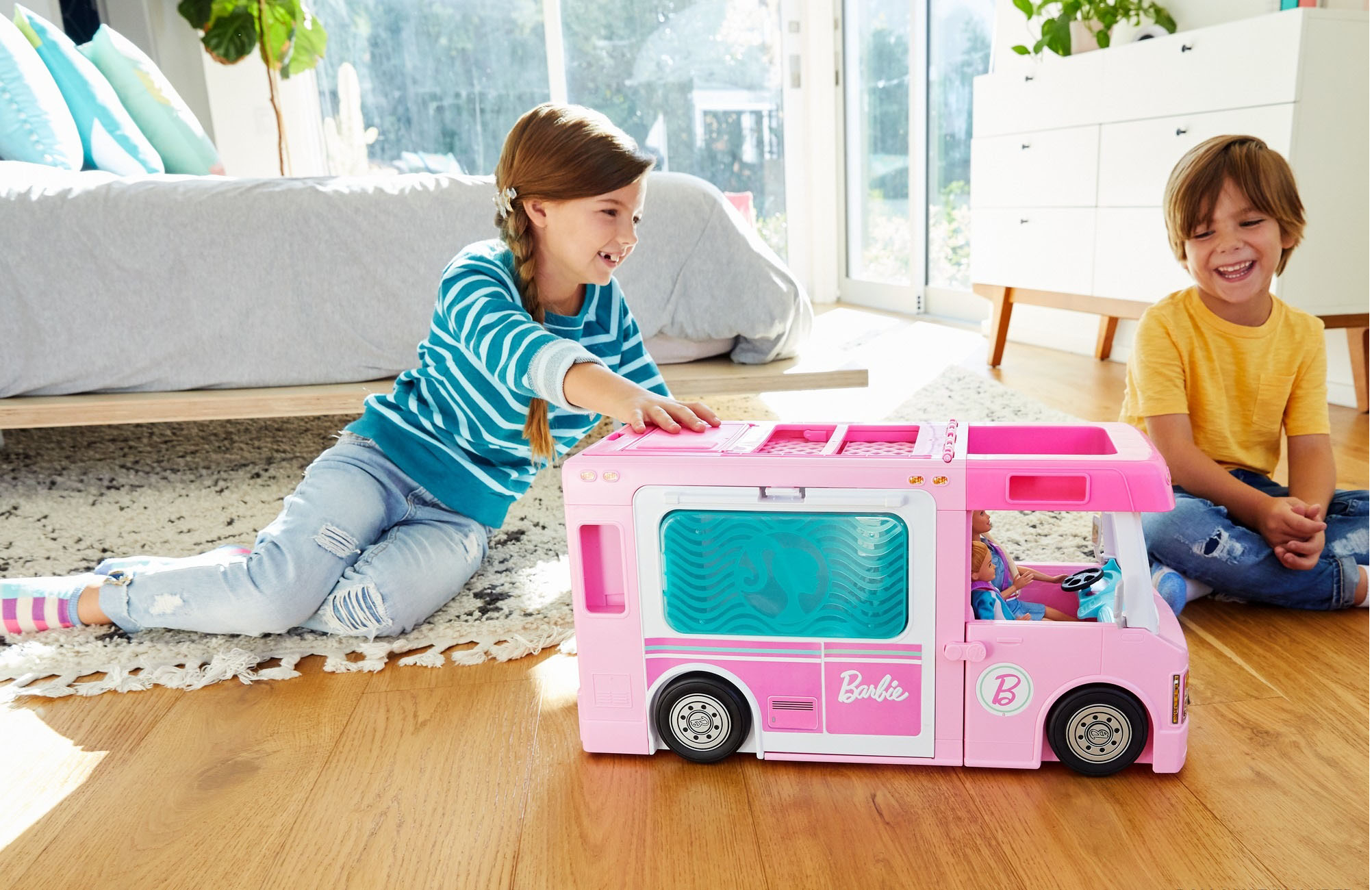 Barbie 3-In-1 Dreamcamper Vehicle Pool Truck Boat 50 Accessories Kids Girls Fun 
