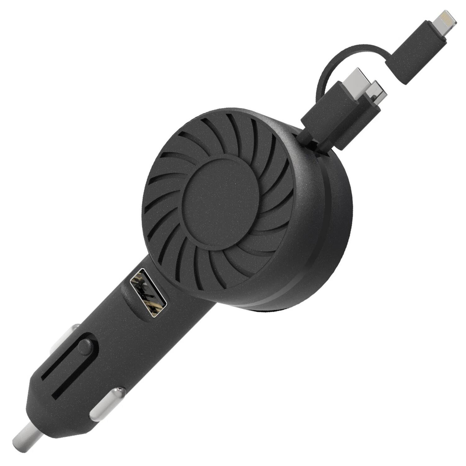 Angle. Stock Preferred - 3-in-1 Retractable Car Charger with USB Type-C - Black.