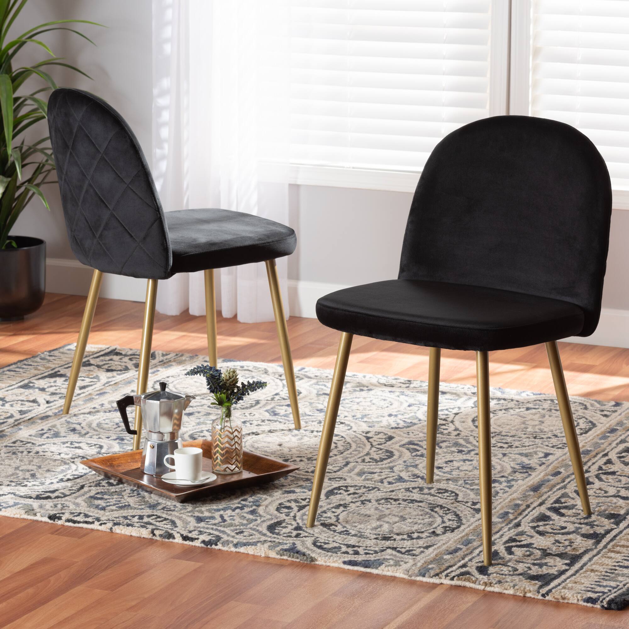 Alt View 2. Baxton Studio - Fantine Modern Glam Velvet Fabric Upholstered and Gold Finished Metal 2-Piece Dining Chair Set - Black/Gold.