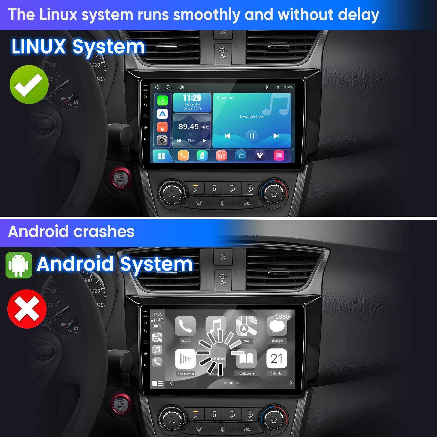 The Linux system runs smoothly and without delay

LINUX System

Android crashes

Android System