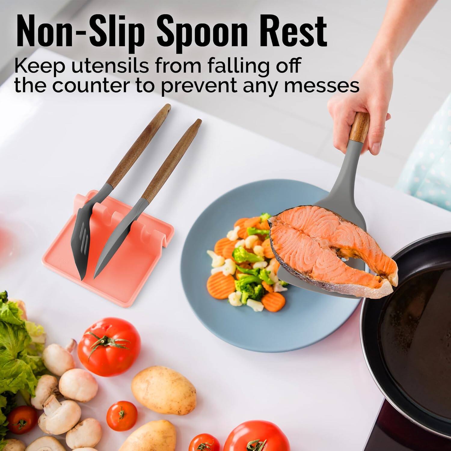 Non-Slip Spoon Rest  
Keep utensils from falling off the counter to prevent any messes