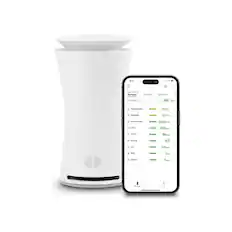 The image shows a white device, possibly an air purifier, next to a smartphone. The smartphone displays various data, such as temperature, humidity, air pressure, and TVOC levels. The data is organized in a table format, with the temperature reading at 28.9 degrees, humidity at 65.7%, air pressure at 1003.6, and TVOC levels at 90. The smartphone also displays the time as 10:02.