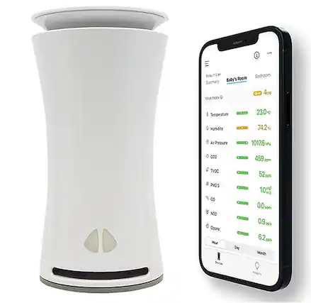 The image shows a white device, possibly an air purifier, next to a smartphone. The smartphone displays various data, such as temperature, humidity, air pressure, and TVOC levels. The data is organized in a table format, with the temperature reading at 28.9 degrees, humidity at 65.7%, air pressure at 1003.6, and TVOC levels at 90. The smartphone also displays the time as 10:02.