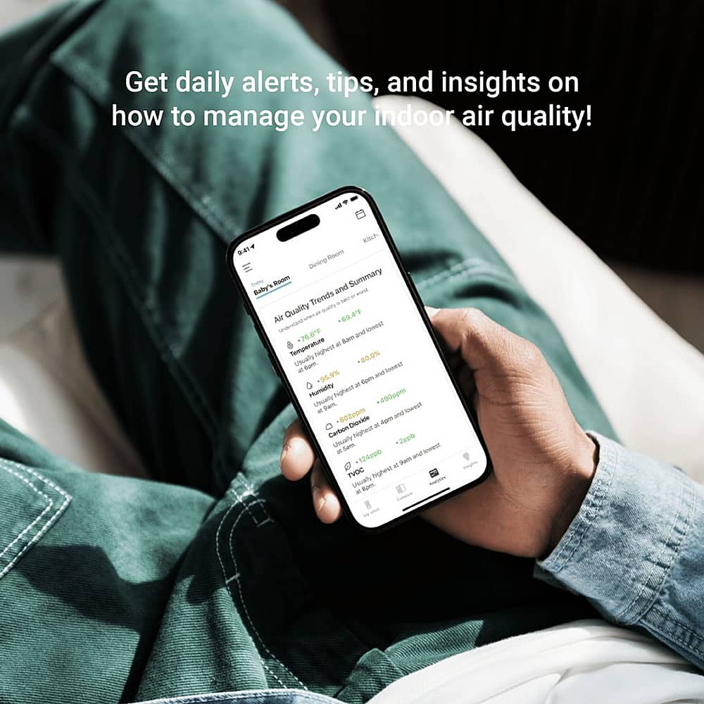 Get daily alerts, tips, and insights on how to manage your indoor air quality! Kitchen 94 Room Dining Sober Baby's Room and Summary - Indoor Air Quality - 4T Air 69.4%F Understanding and lowest -76.6F Sam Temperature at highest -80.0% Usually Carbon dioxide at 95.9% and a 60% Humidity highest 490ppm Usually Sam lowest at 802ppm Divide Apm at Carbon dioxide highest 2ppb Usually Sam lowest at 124ppb and at Dar TVOC highest Usually Ape a.