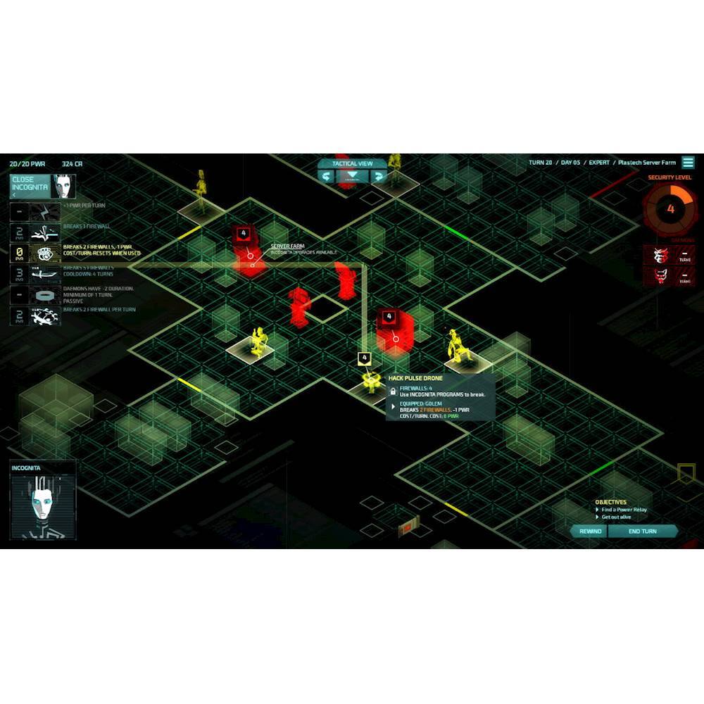 The image features a video game with a map and several characters. The largest text reads "Tactical View Turn 2 Day 3". The game appears to be a strategy game with a focus on security, as indicated by the expert level and the presence of a security system. The map is filled with various characters, some of which are red and others are yellow. The game is set in a server farm, and the characters seem to be engaged in different activities, possibly related to hacking or other security-related tasks.