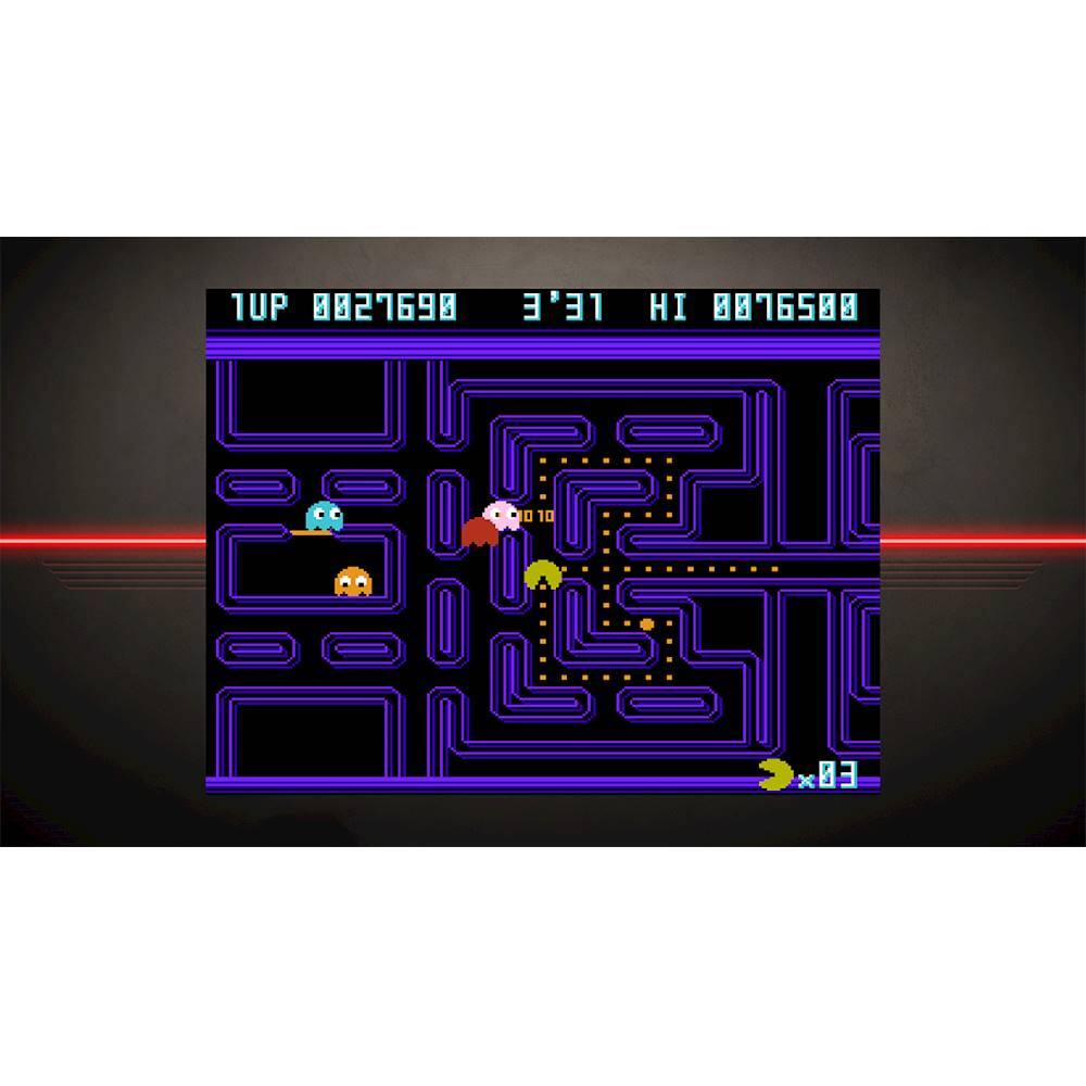 The image shows a video game screen with Pac-Man and other characters, such as Ms. Pac-Man, moving through a maze. The game is set up to be played on a Nintendo Gameboy. The characters are navigating through the maze, trying to avoid the ghosts and reach the next level. The game is set up to be played on a TV, making it an engaging and entertaining experience for the players.