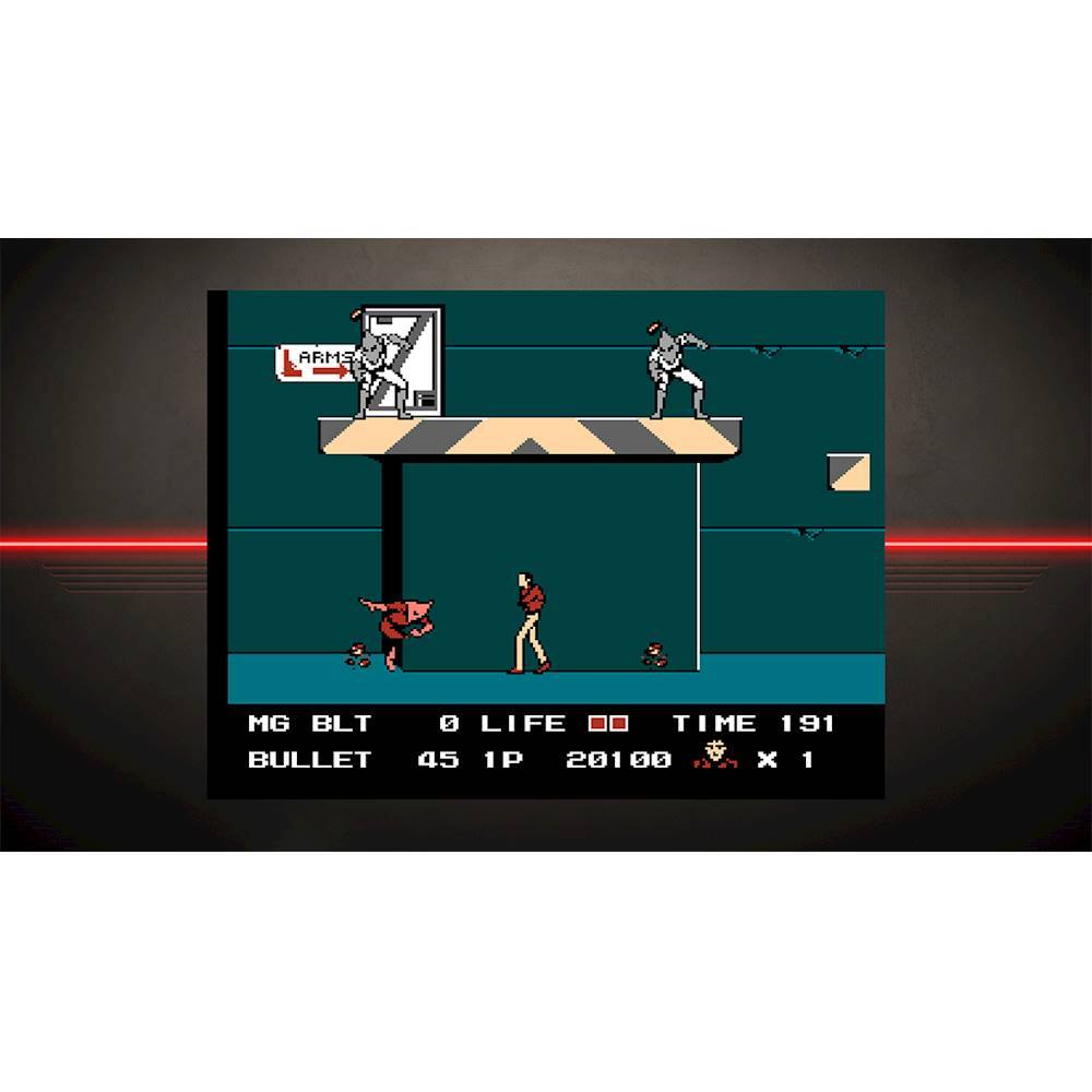 The image shows a video game with a man standing on a platform, holding a gun. The game is set in a dark environment, and the man is surrounded by several other characters. The game is displayed on a screen, and the text "ARMS MG BLT e LIFE ... TIME 191 BULLET 45 1P 20100 x1 x 1" is visible at the bottom of the screen.
