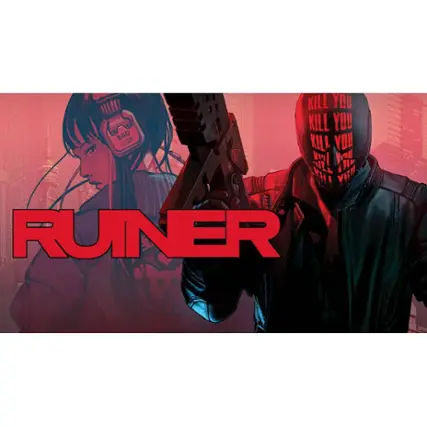 The image features a man holding a gun and a woman with a sword. The man is wearing a mask and holding a gun in his hand, while the woman is standing next to him. The image also includes a tie and a handbag. The main focus of the image is the man holding the gun, and the woman with the sword. The text "RUINER" is displayed prominently in the image, indicating that this is likely a promotional image for a video game or movie. - M (Mature 17+)