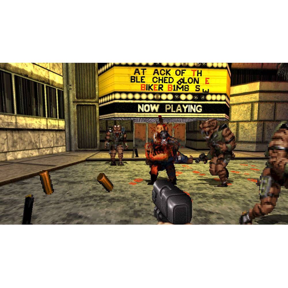 The largest text reads "AT ACK OF THE BLE CHED ALONE BIKER BIMB SW S NOW PLAYING." The text is displayed on a yellow sign in front of a theater.