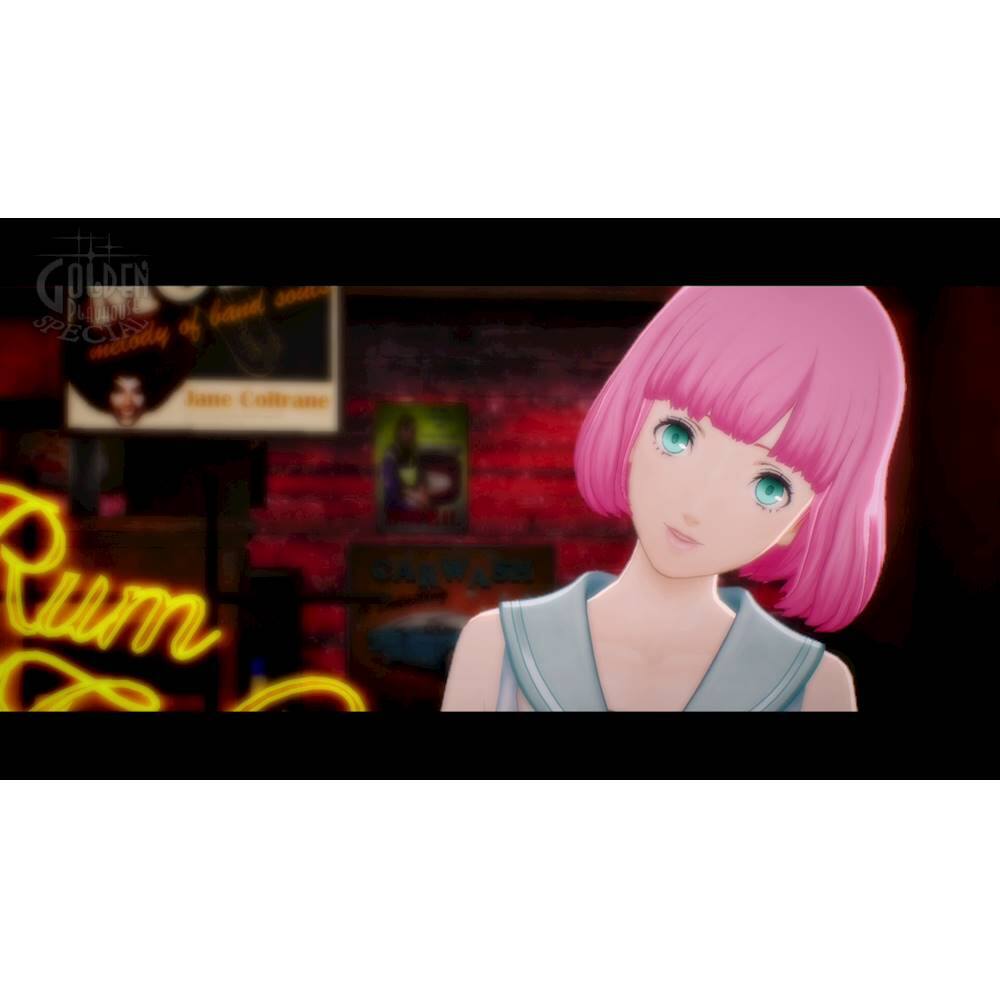 The image features a pink-haired anime character, possibly a girl, standing in front of a neon sign. The sign reads "Rum," and the character appears to be looking at the camera. The scene takes place in a bar setting, with a dining table visible in the background. The character's pink hair and the neon sign create a vibrant and lively atmosphere.