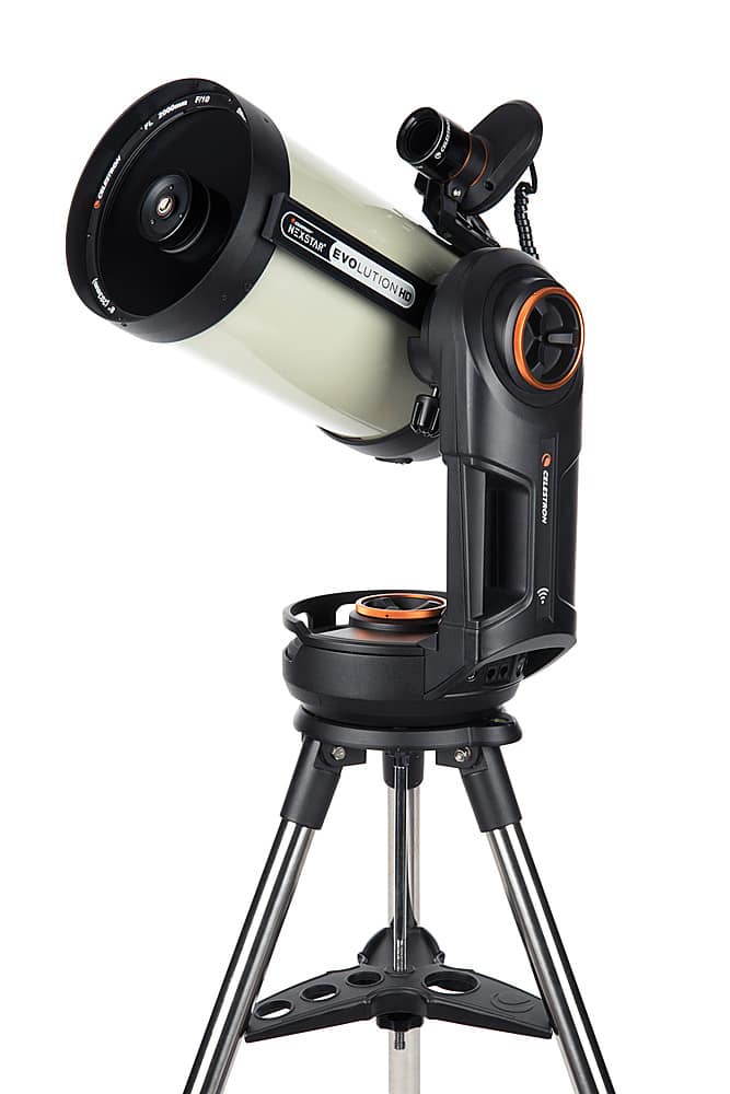 The image features a Celestron 6 telescope with a white lens. The telescope is mounted on a tripod stand, which provides stability and ease of use. The tripod stand has a black and orange design, adding a touch of color to the scene. The telescope is ready for use, offering a great opportunity for stargazing and observing celestial objects.