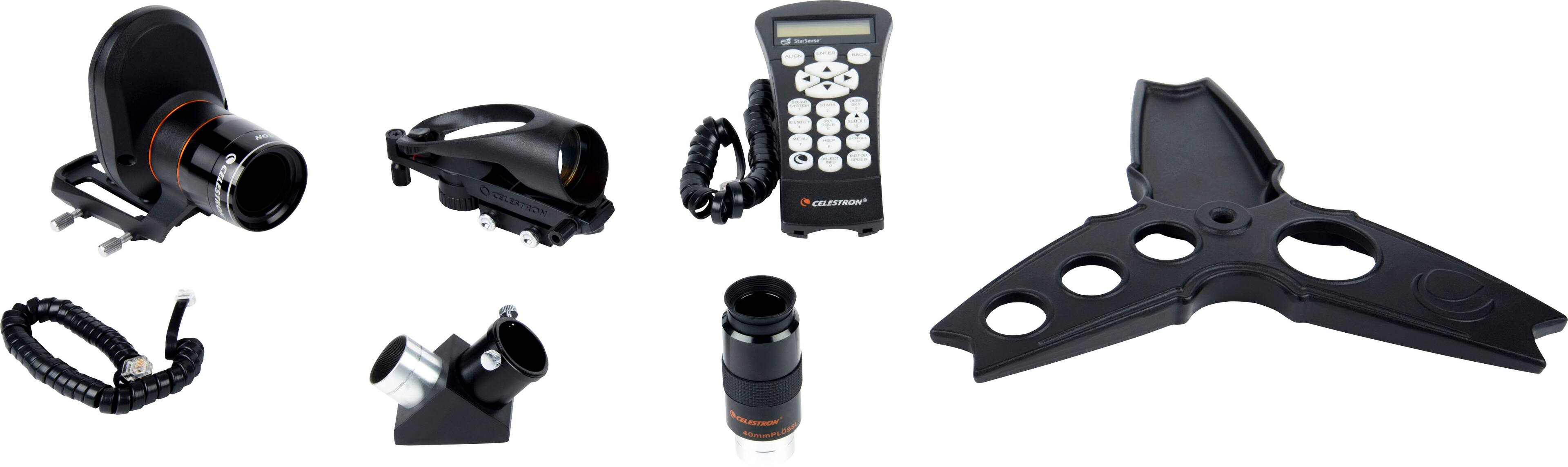 The image shows a collection of camera equipment, including a camera, lens, and remote control. The camera is positioned to the left, while the lens is located in the middle of the scene. The remote control is situated towards the right side of the image. The equipment appears to be for a telescope, as indicated by the presence of the lens and the remote control.