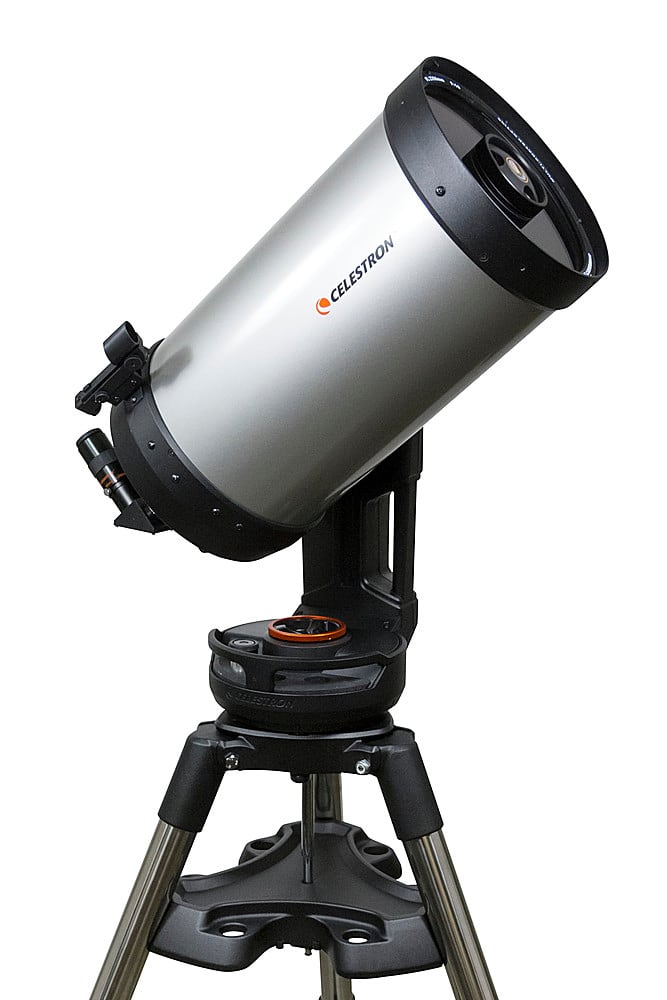 Celestron is a company that manufactures telescopes and other optical equipment. The image features a Celestron telescope, which is a type of optical instrument used for observing distant objects. The telescope is mounted on a tripod, providing stability and allowing the user to observe objects in the sky with ease.