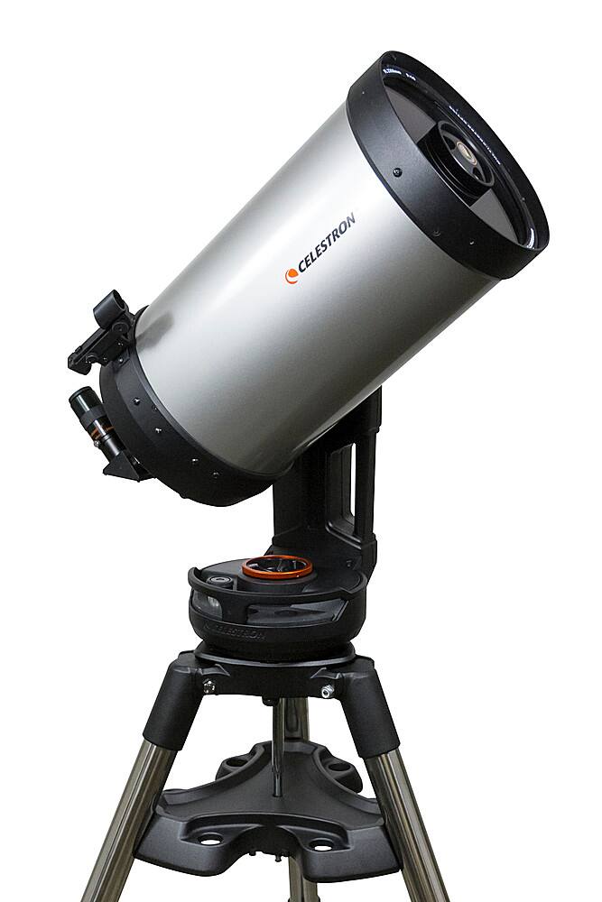 Celestron is a company that manufactures telescopes and other optical equipment. The image features a Celestron telescope, which is a type of optical instrument used for observing distant objects. The telescope is mounted on a tripod, providing stability and allowing the user to observe objects in the sky with ease.