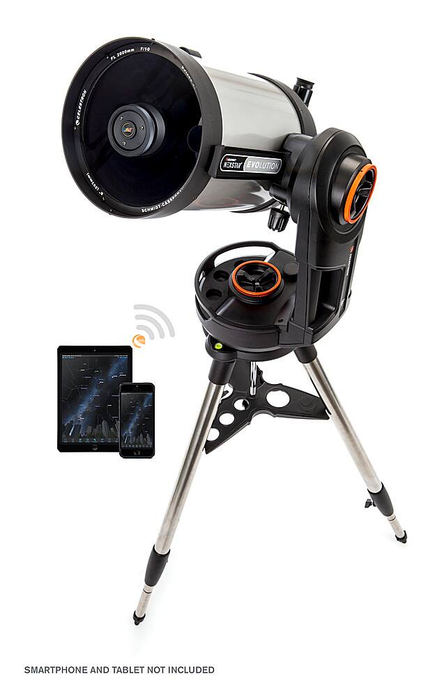 The image features a Celestron FITO 2000mm FL S ARTIPE (MwEDz) telescope, which is accompanied by a smartphone and a tablet. The smartphone and tablet are not included in the package, as indicated by the text "SMARTPHONE AND TABLET NOT INCLUDED."