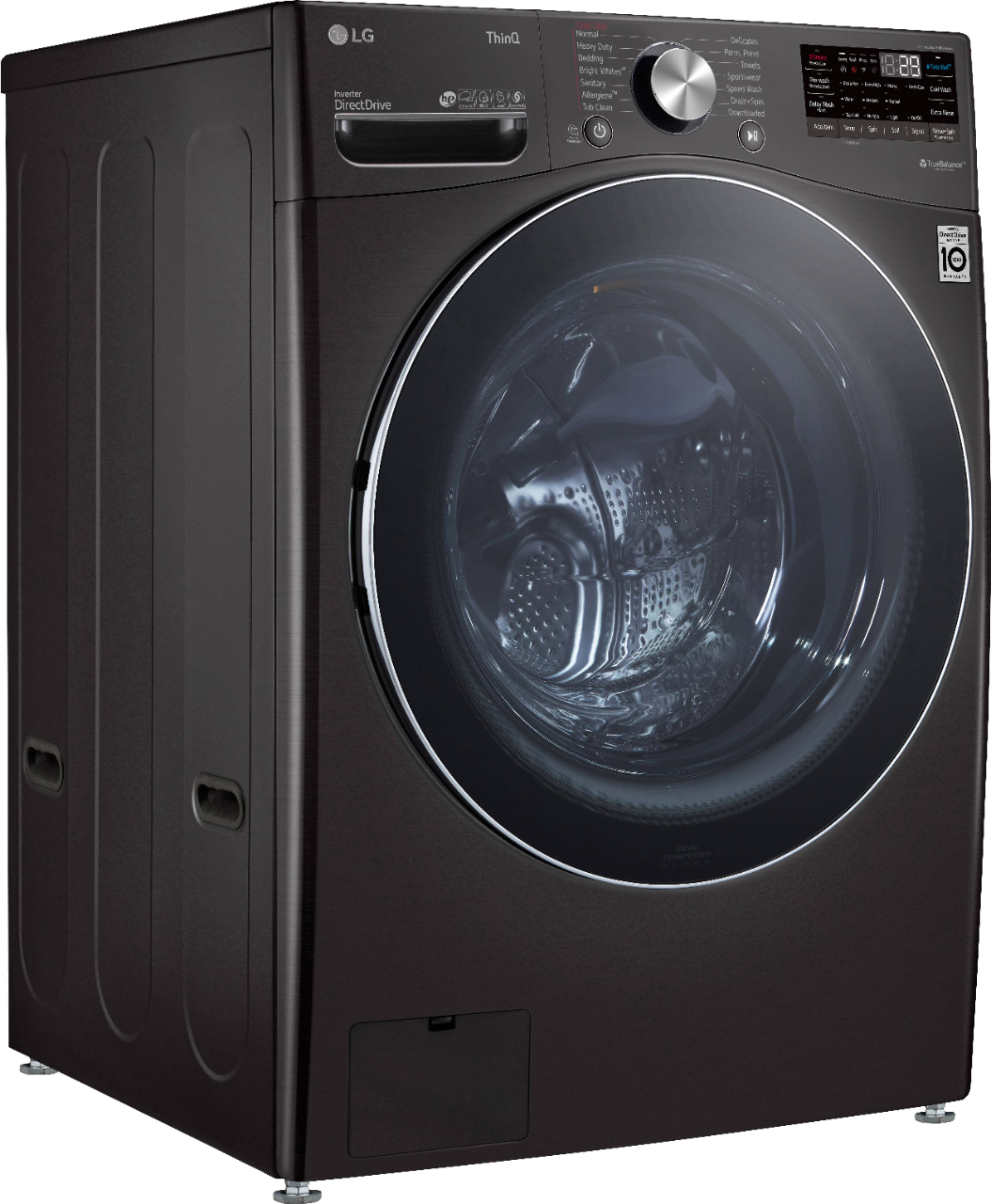 Angle. LG - 5.0 Cu. Ft. High-Efficiency Stackable Smart Front Load Washer with Steam and Built-In Intelligence - Black Steel.