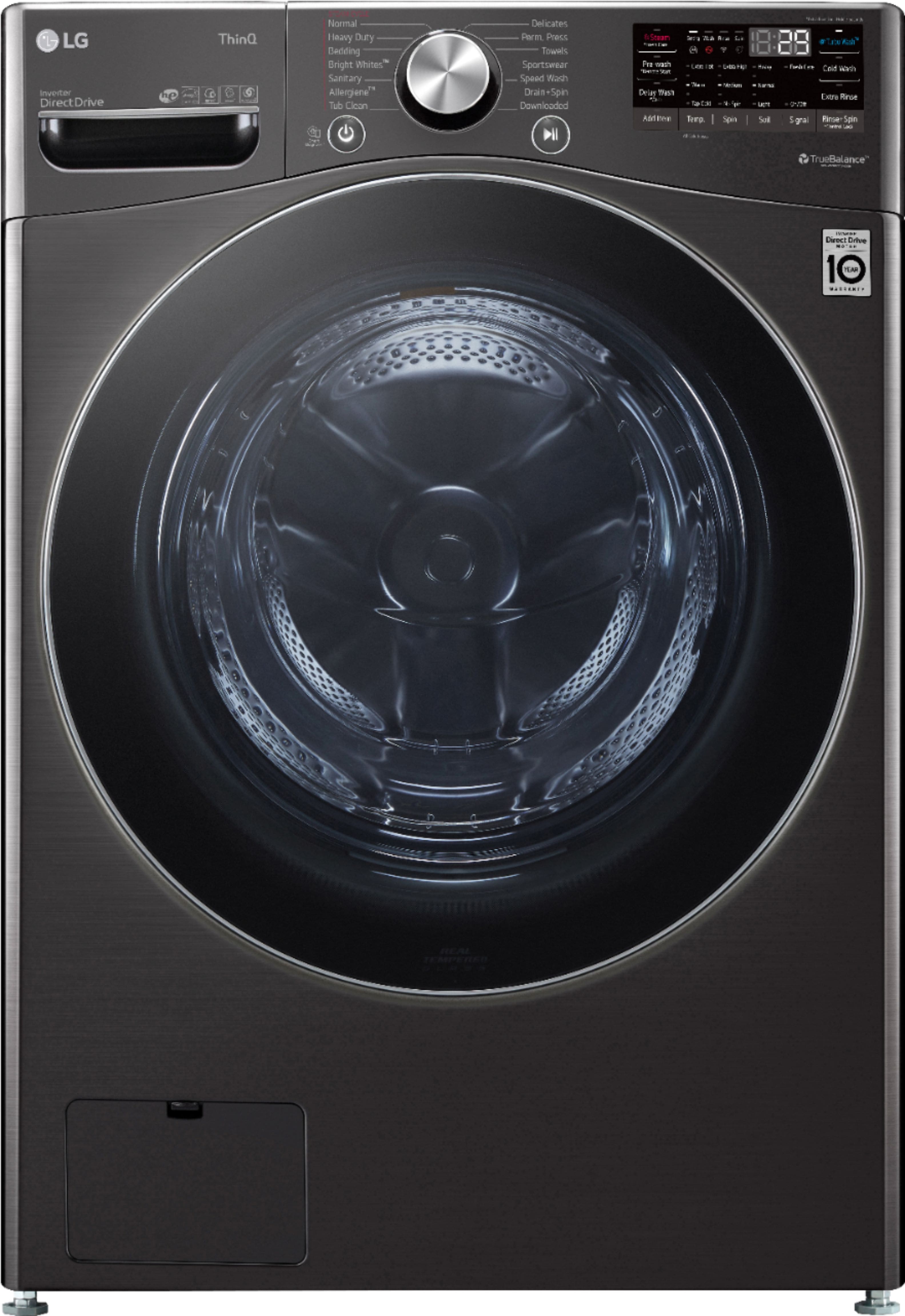 Front. LG - 5.0 Cu. Ft. High-Efficiency Stackable Smart Front Load Washer with Steam and Built-In Intelligence - Black Steel.