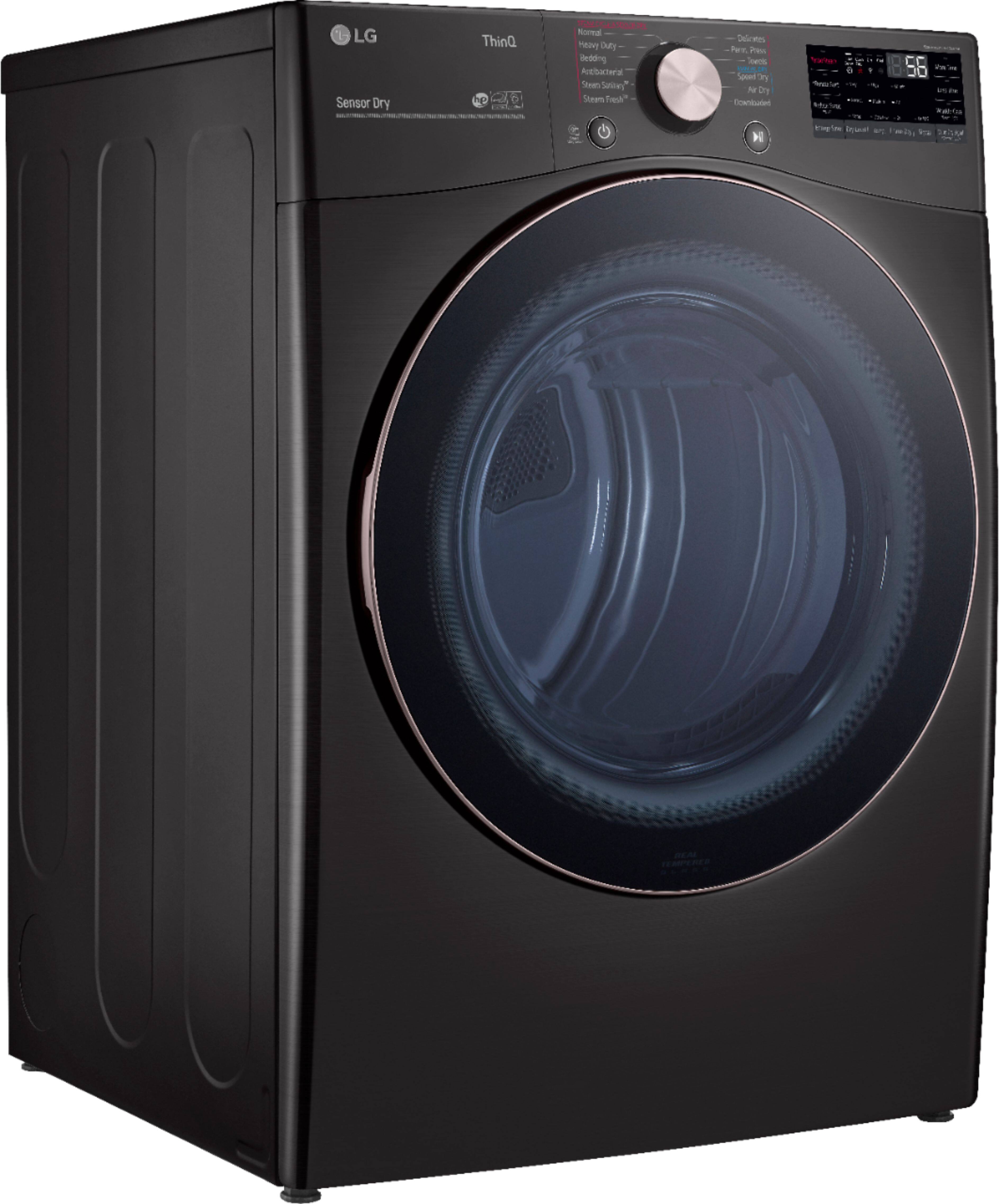 Angle. LG - 7.4 Cu. Ft. Stackable Smart Gas Dryer with Steam and Built-In Intelligence - Black steel.