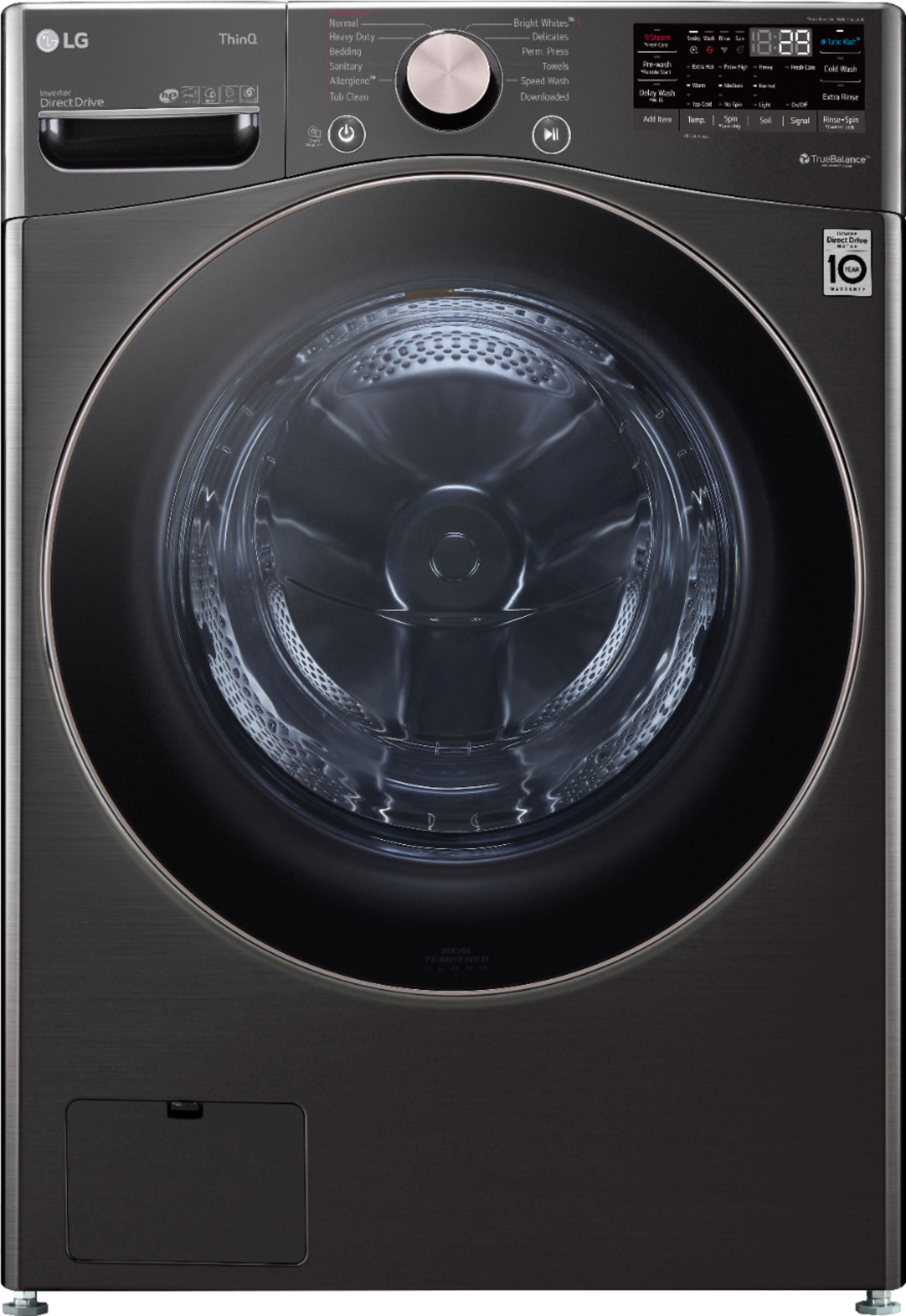Front. LG - 4.5 Cu. Ft. High-Efficiency Stackable Smart Front Load Washer with Steam and Built-In Intelligence - Black Steel.