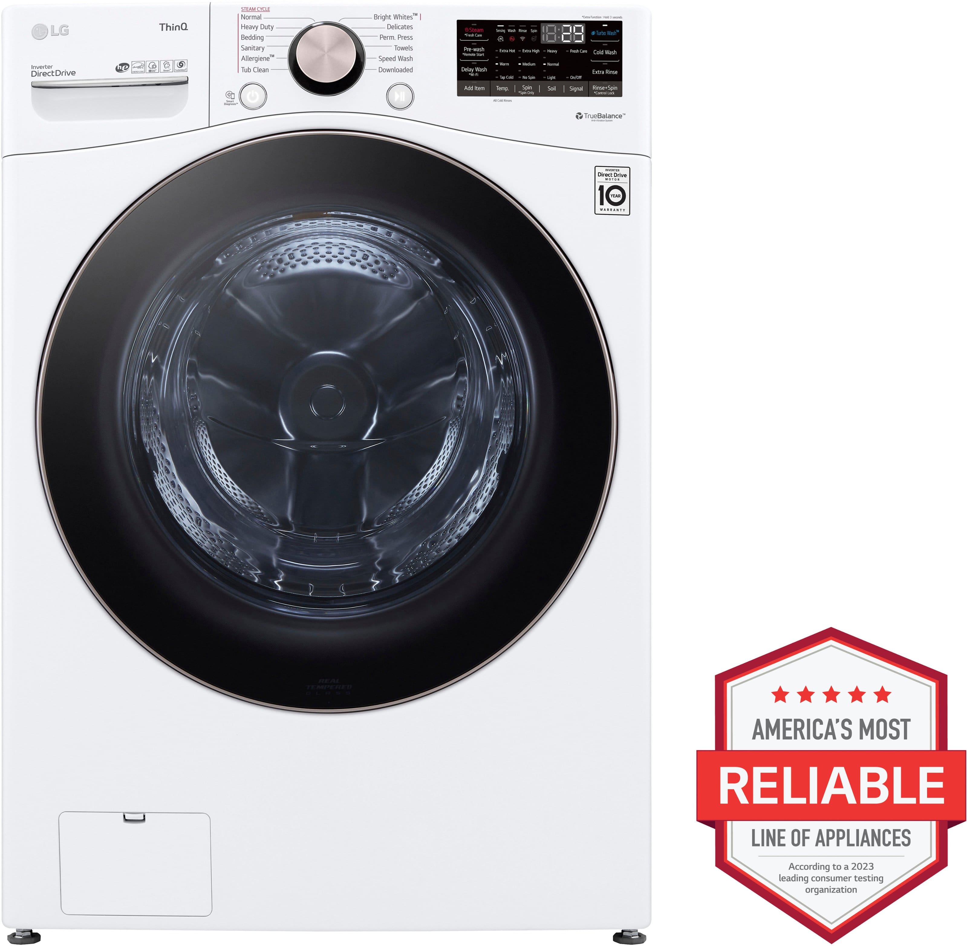 The image features a white LG washing machine with a spinning drum. The machine is labeled with the number 10, indicating its capacity. The washing machine is also adorned with a "Most Reliable" logo, suggesting that it is a dependable and trustworthy appliance.