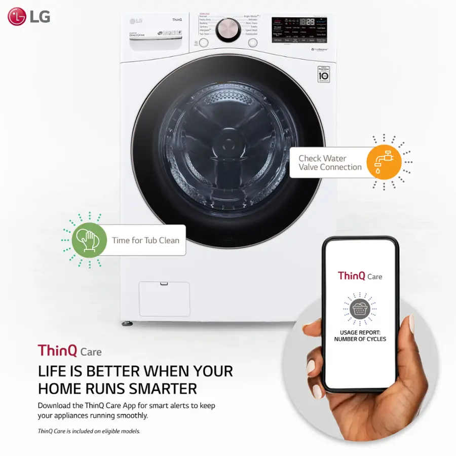 LG ThinQ Care: Life is better when your home runs smarter. Download the ThinQ Care App for smart alerts to keep your appliances running smoothly. Usage report: Number of cycles. ThinQ Care is included on eligible models.